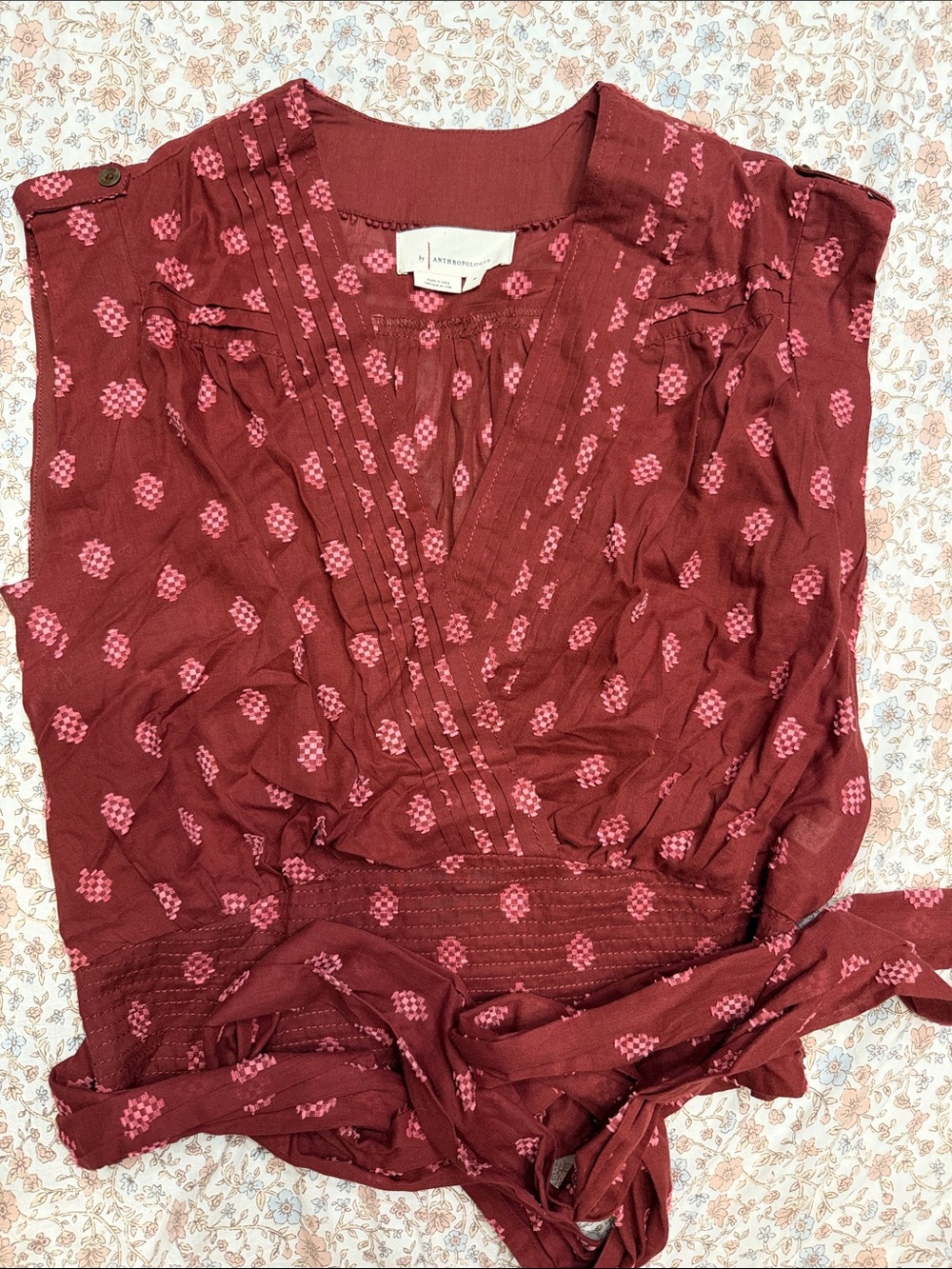 Anthropologie Burgundy Red Printed V-Neck Tie-Waist Tunic